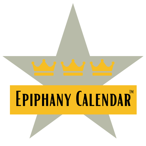 Silver star with three gold crown in a horizontal band and a gold banner with "Epiphany Calendar (TM)" written on it in black lettering.
